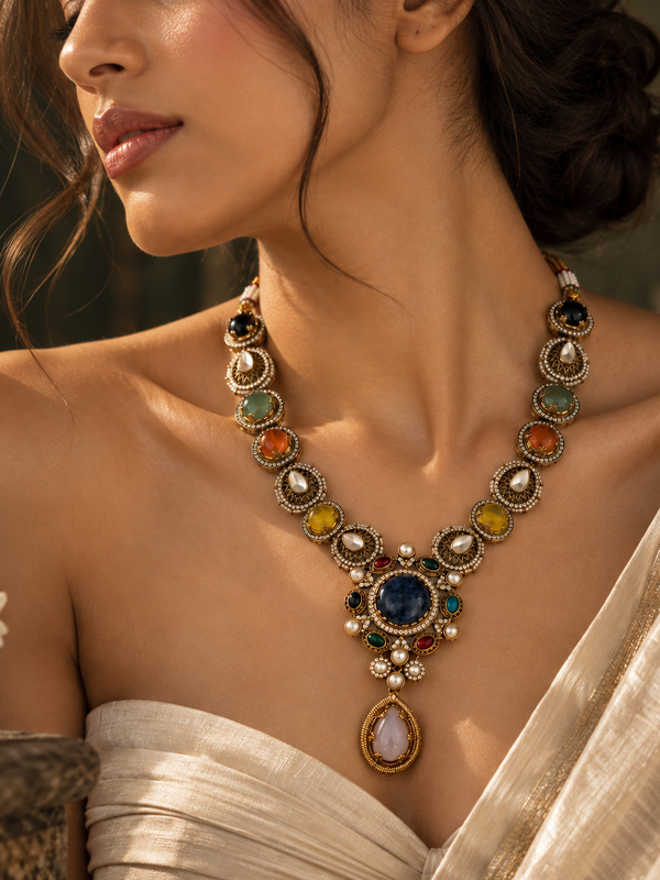 Nayab Navratna Necklace & Earrings Set
