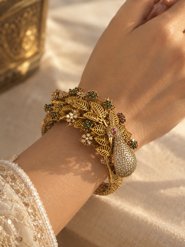 Mayur Pushpa Ruby Emerald Peacock Kada