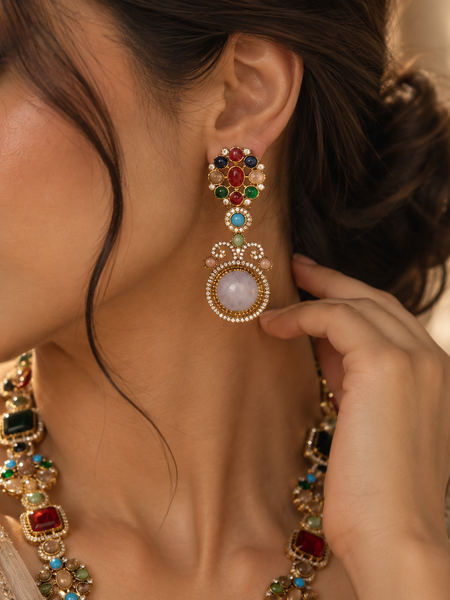 Mehr Navratna Long Necklace & Earrings Set