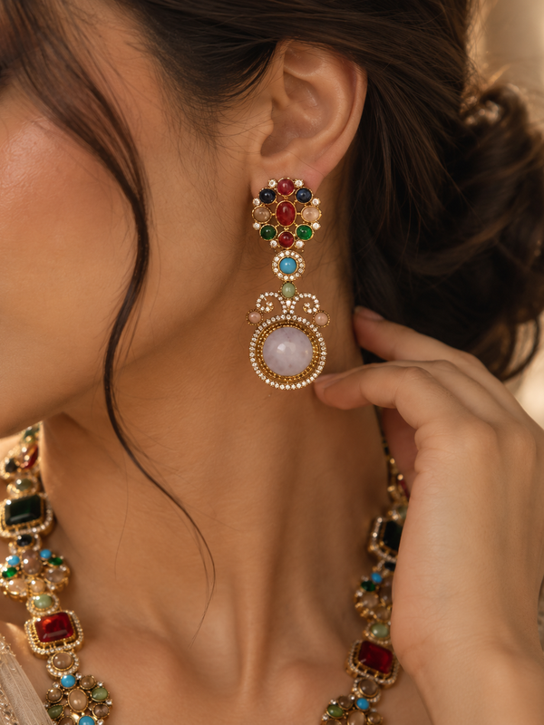 Mehr Navratna Long Necklace & Earrings Set
