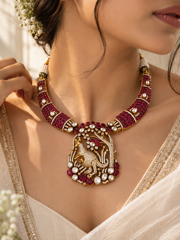 Mayurika Ruby Polki Necklace & Earrings Set