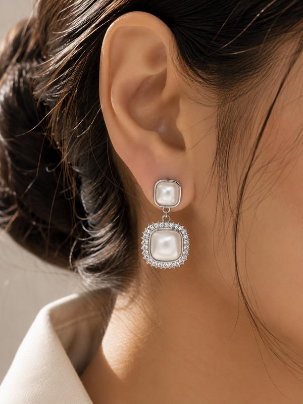 Luna Pearl Halo Drop Earrings (Silver)