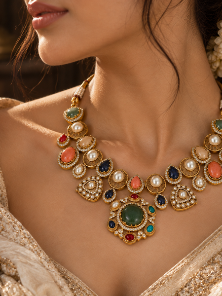 Ziya Navratna Necklace & Earrings Set