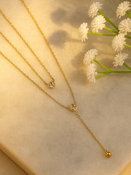 Gold Two-Layer Chain with Accent Stones & Dangling Charm