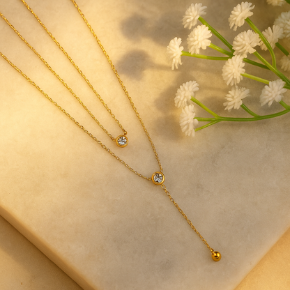 Gold Two-Layer Chain with Accent Stones & Dangling Charm