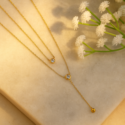 Gold Two-Layer Chain with Accent Stones & Dangling Charm