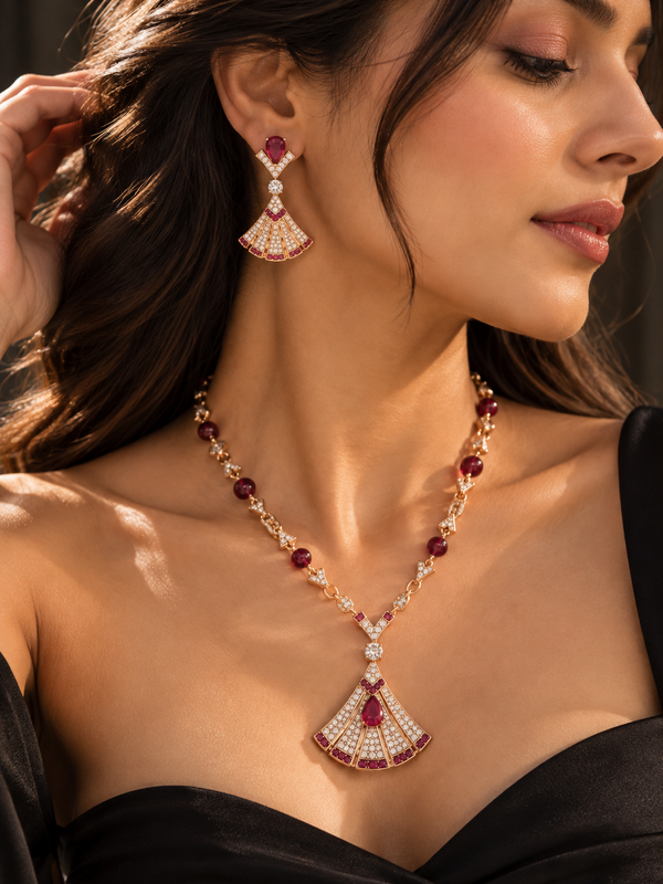 Riviera Ruby Art Deco Necklace & Earrings Set