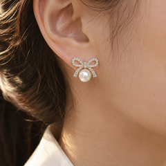 Colette Pearl Bow Stud Earrings (Silver)
