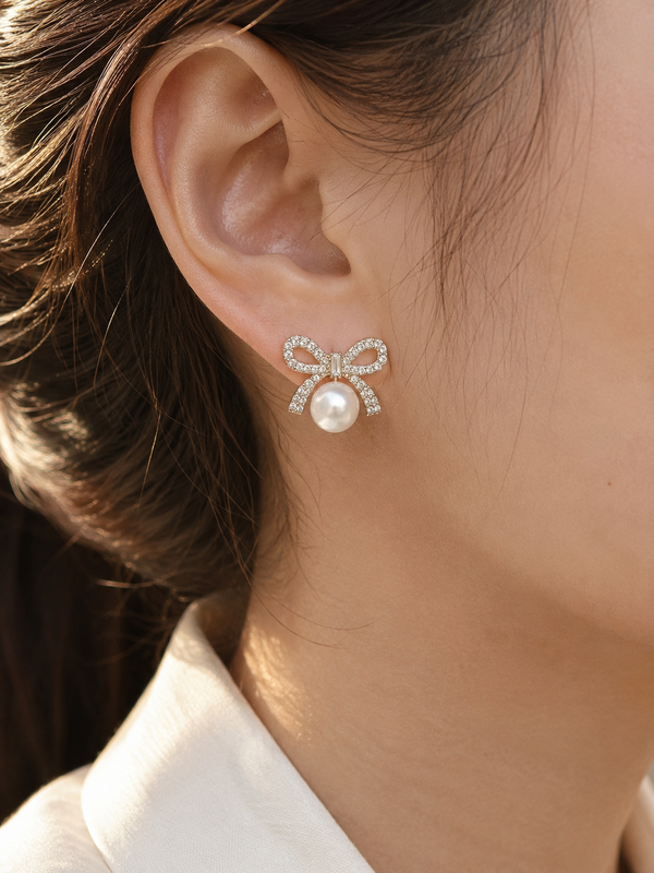 Colette Pearl Bow Stud Earrings (Silver)