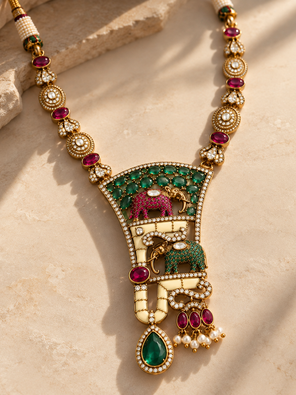 Gajraaj Emerald & Ruby Elephant Necklace Set