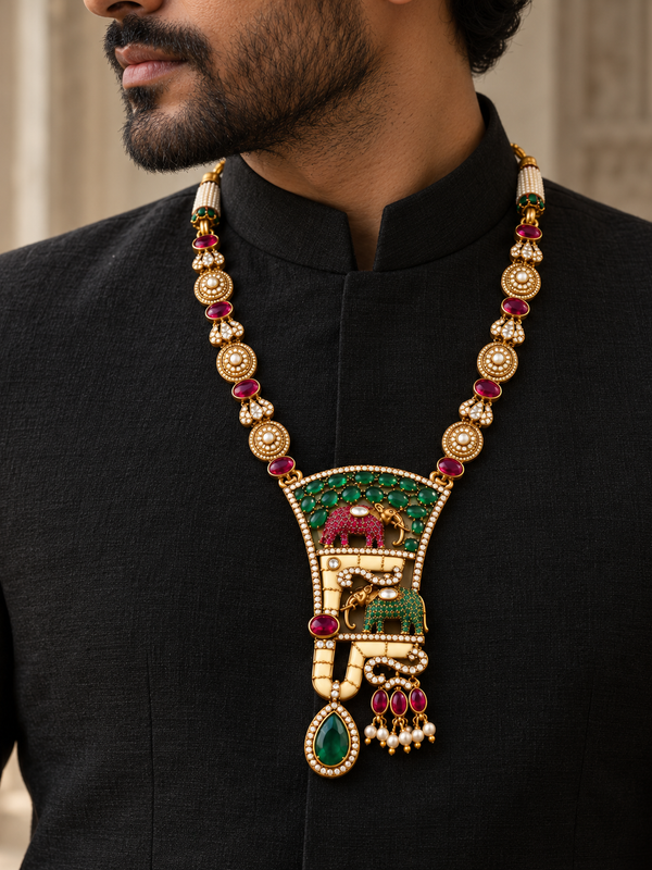 Rajvansh Emerald, Ruby & Polki Gold-Plated Men's Royal Haar