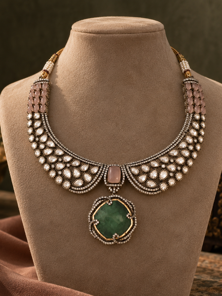 Zareen Emerald Polki Necklace & Earrings Set