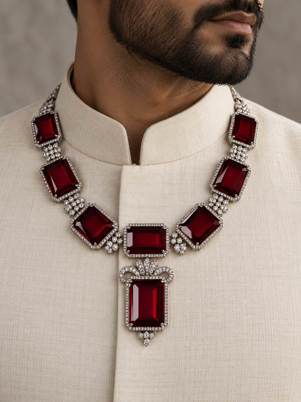 Shahryar Ruby & American Diamond Silver-Plated Men's Statement Necklace