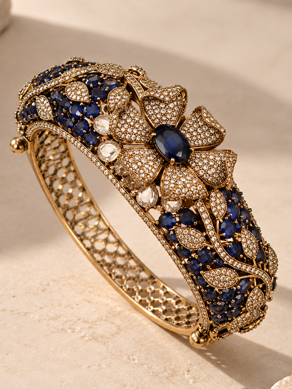Neelambari Sapphire & Polki Gold-Plated Floral Kada