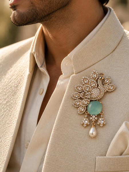 Meher Mint Peacock Brooch