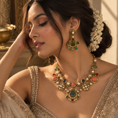 Ziya Navratna Necklace & Earrings Set