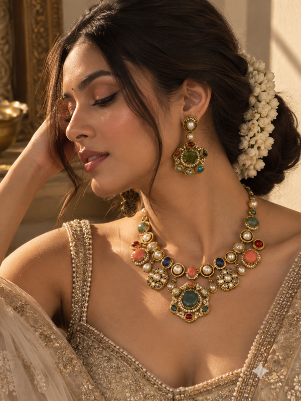 Ziya Navratna Necklace & Earrings Set