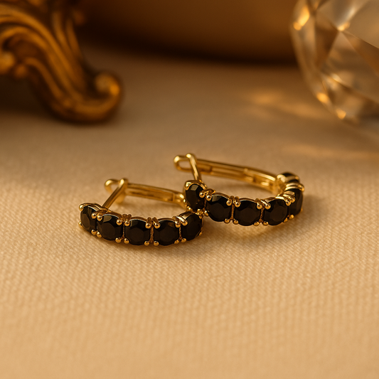Black Stone Gold Mini Hoop Earrings