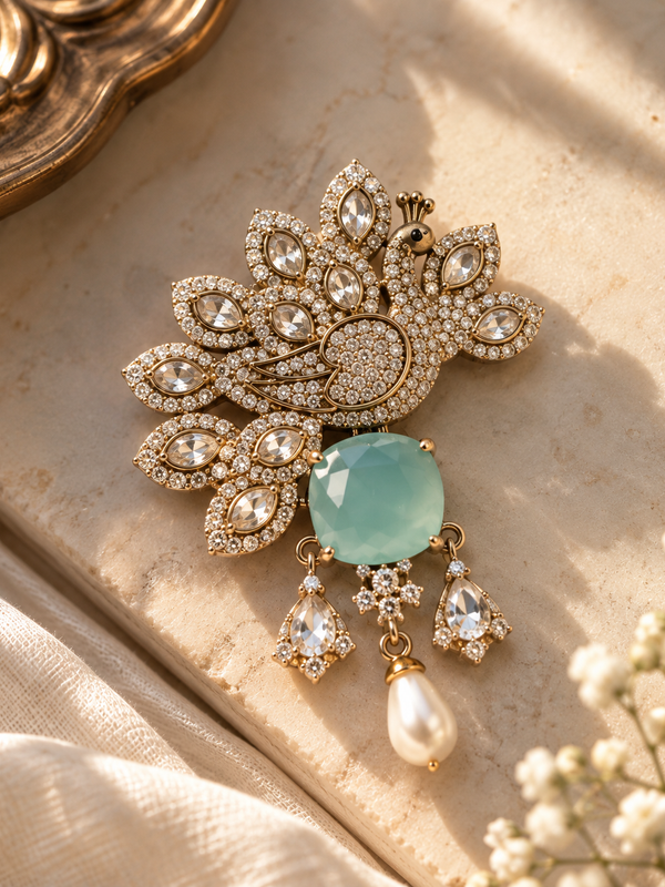 Meher Mint Peacock Brooch
