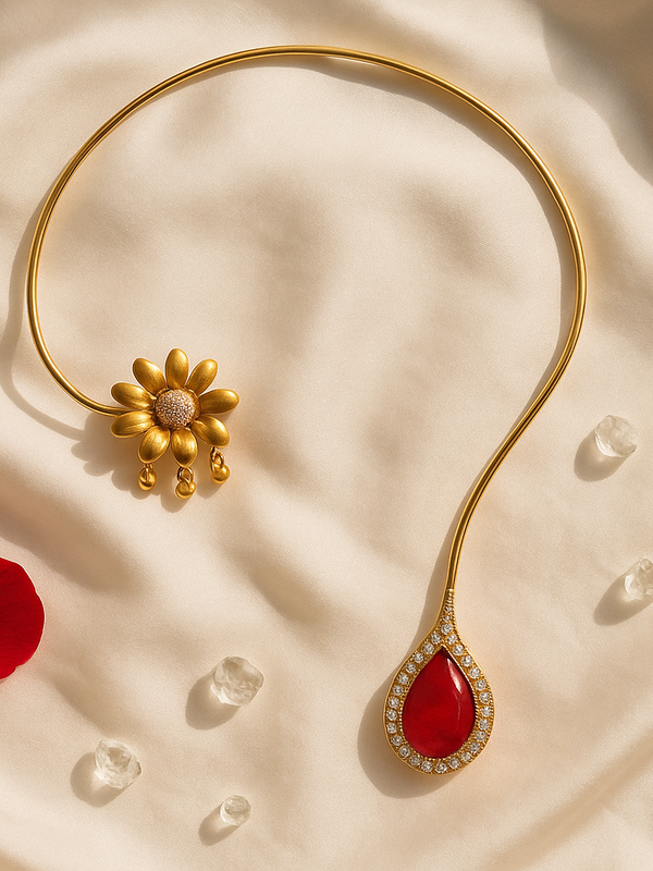 Golden Bloom & Ruby Drop Necklace Set