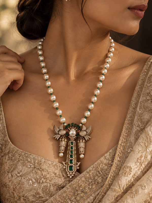 Bulbul Emerald Pearl Necklace & Earrings Set