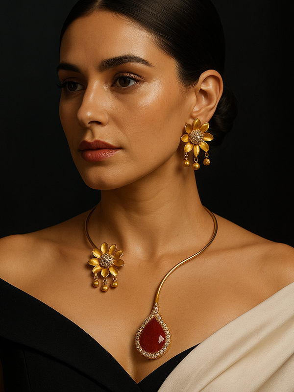 Golden Bloom & Ruby Drop Necklace Set