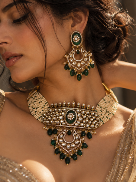 Zehra Emerald Kundan Choker & Chandbali Earrings Set
