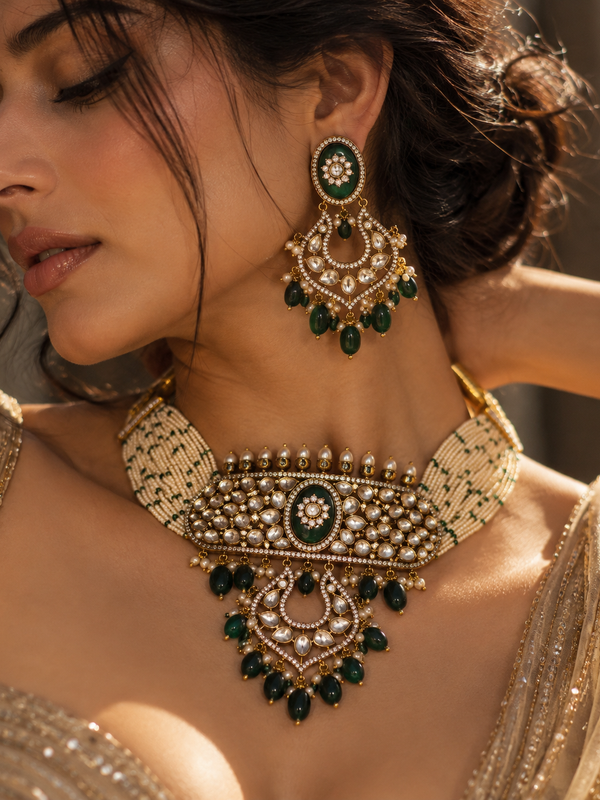 Zehra Emerald Kundan Choker & Chandbali Earrings Set