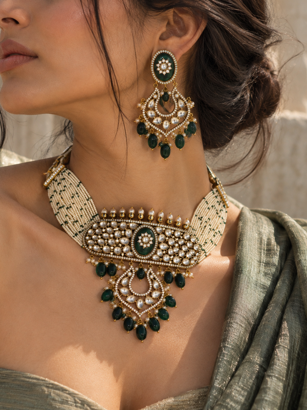 Zehra Emerald Kundan Choker & Chandbali Earrings Set