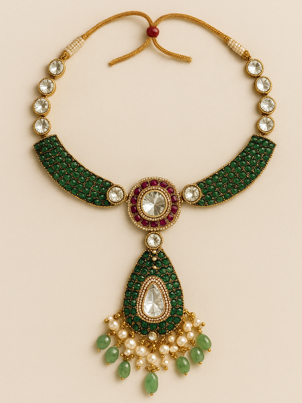 Emerald Kundan Royale Long Pendant Set