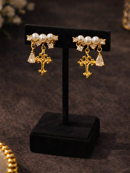 Divina Pearl Cross Drop Earrings
