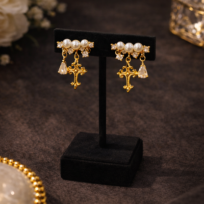 Divina Pearl Cross Drop Earrings