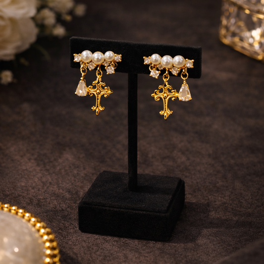 Divina Pearl Cross Drop Earrings