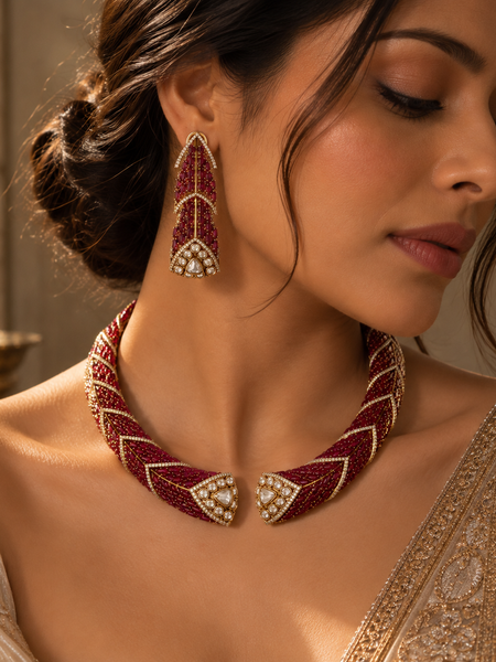Mehrunisa Ruby Cascade Necklace & Earrings Set