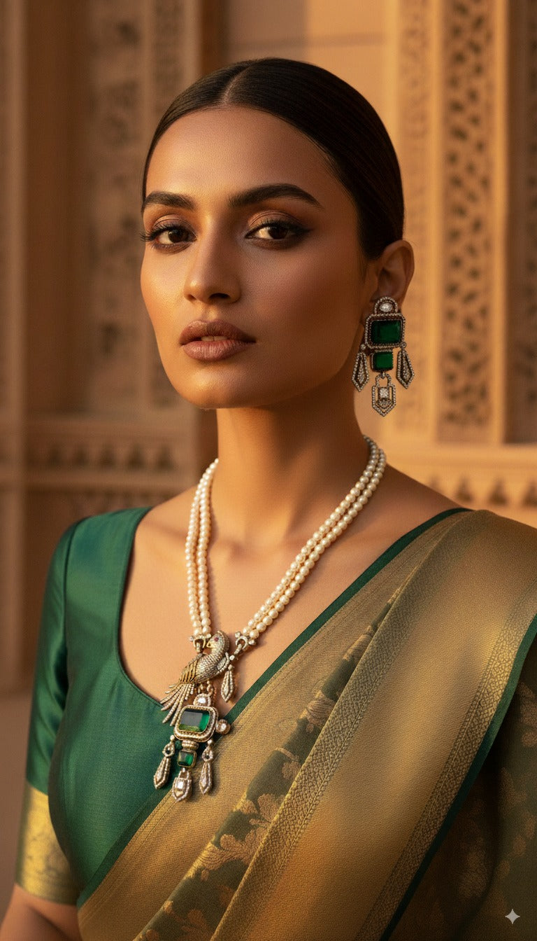 Emerald Pearl Necklace & Earrings Set