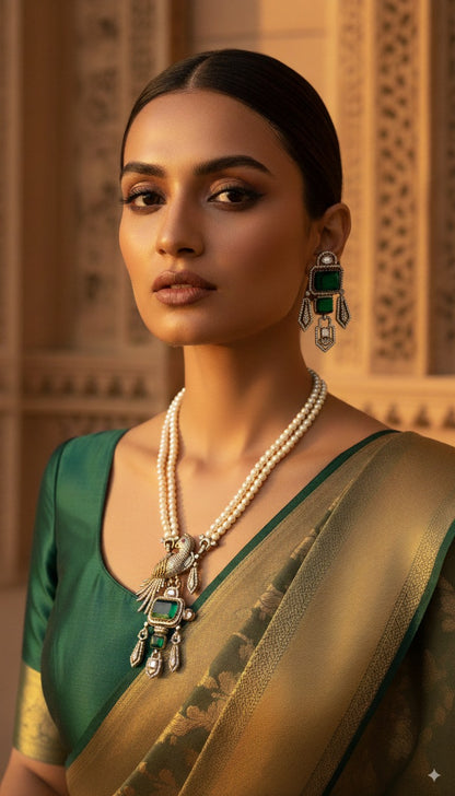 Emerald Pearl Necklace & Earrings Set