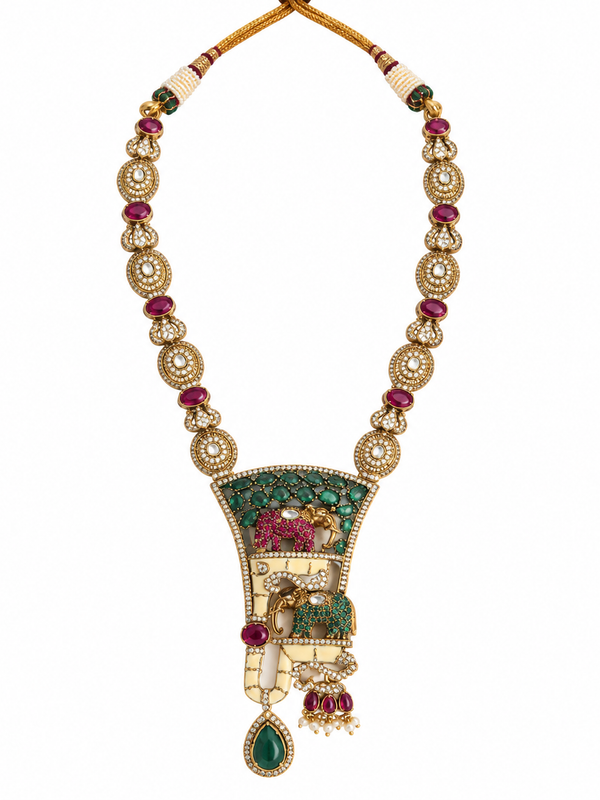 Gajraaj Emerald & Ruby Elephant Necklace Set