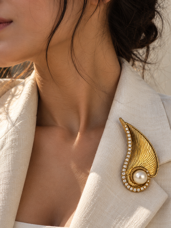 Aurelle Pearl Feather Brooch