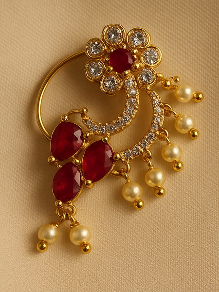Floral Ruby & Pearl Maharashtrian Nath