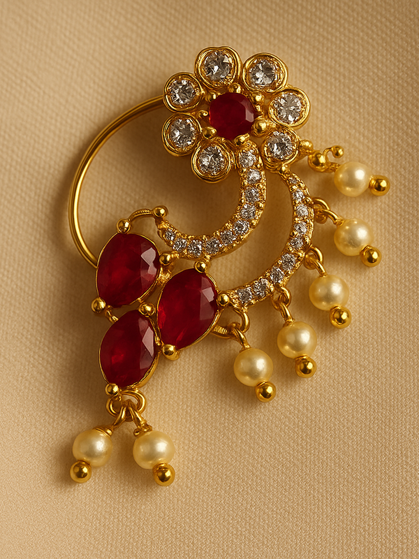 Floral Ruby & Pearl Maharashtrian Nath