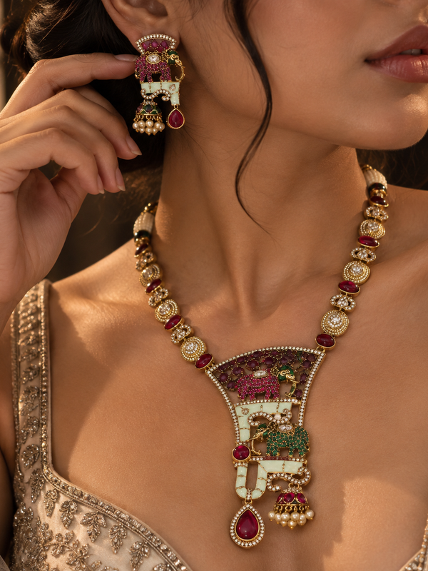Gajraaj Emerald & Ruby Elephant Necklace Set