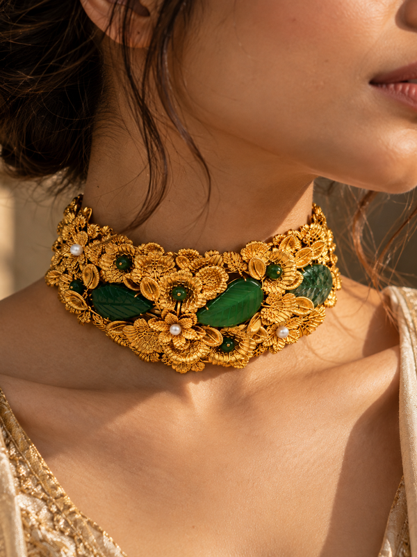 Gulbahar Emerald Floral Choker & Earrings Set