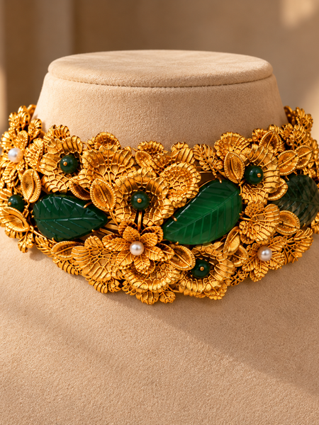 Gulbahar Emerald Floral Choker & Earrings Set
