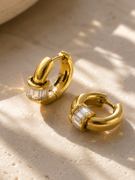 Halo Baguette Hoop Earrings
