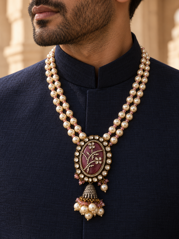 Gulbahar Pearl & Kundan Gold-Plated Men's Statement Necklace