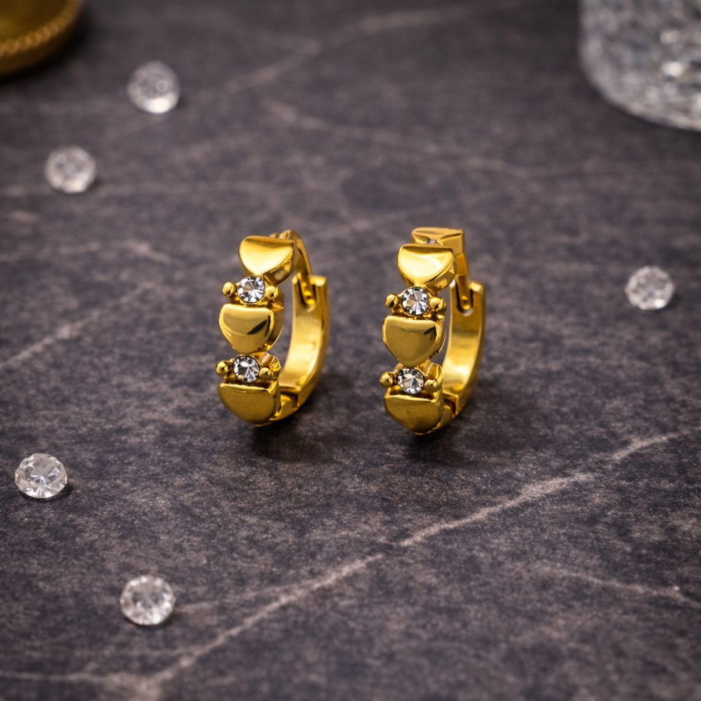 Golden Heart Crystal Huggie Earrings