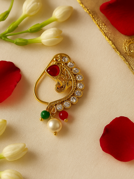 Sparkling Ruby & Pearl Gold Maharashtrian Nath