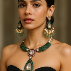Emerald Kundan Royale Long Pendant Set