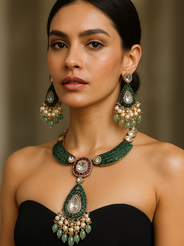 Emerald Kundan Royale Long Pendant Set