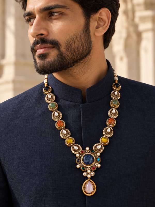 Navrang Maharaja Multicolour Gold-Plated Men's Necklace